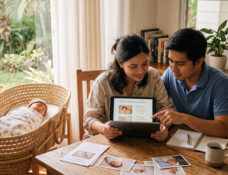 A Filipino couple reviews a newborn photography package on a tablet at a sunlit table while their baby rests in a bassinet nearby.