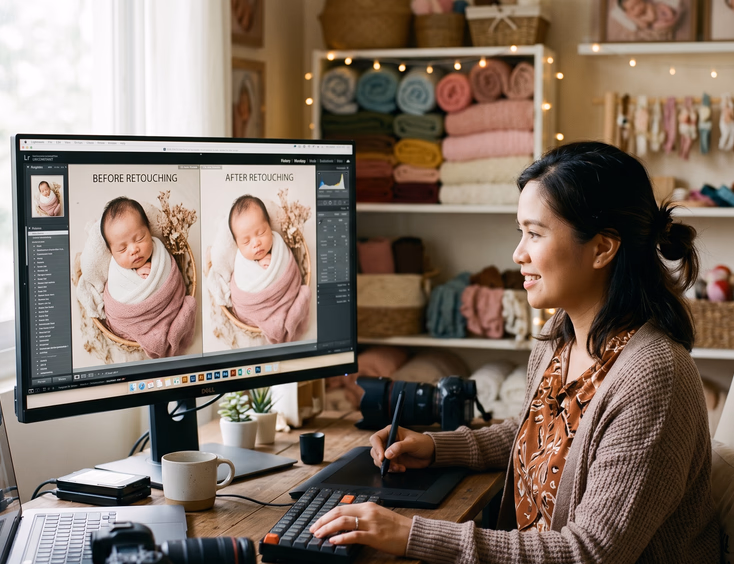 A professional Filipino newborn photographer carefully edits baby portrait photos on a computer screen inside a cozy, soft-lit studio.