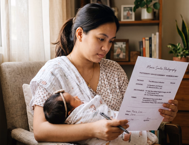 An attentive Filipino mother holds her newborn baby while carefully reading through a detailed photography contract in soft daylight.