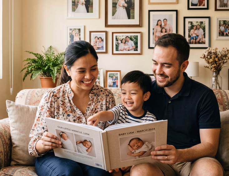 A happy Filipino family smiles at home while holding a finished printed photo album of their newborn with framed prints on the wall behind.