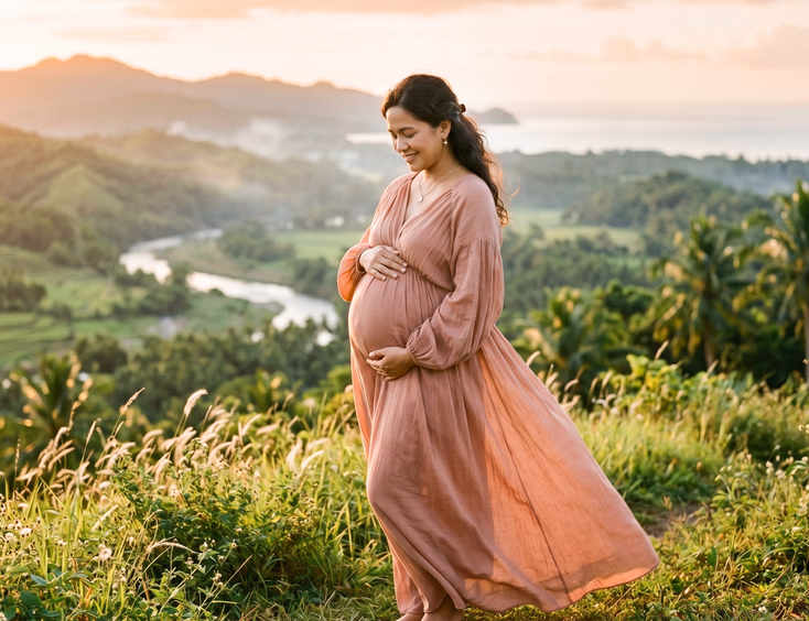 A radiant pregnant Filipino woman at 32 weeks wears a flowing gown while gently cradling her round baby bump in warm morning sunlight.