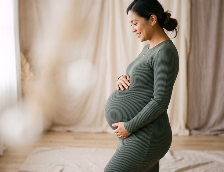 Side profile of a pregnant Filipino woman showing her third-trimester bump with hands resting on her belly in a soft neutral studio background.