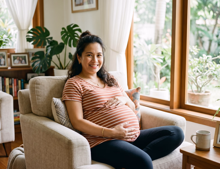 A smiling pregnant Filipino woman expecting twins rests comfortably in a bright, airy room with gentle natural light on her large bump.
