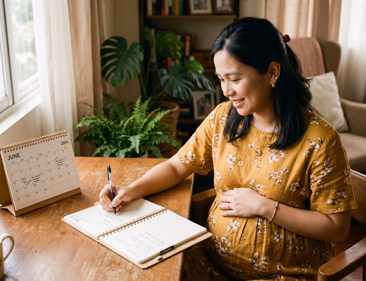 A relaxed pregnant Filipino woman sits at a sunlit table at home writing inside her planner with a calendar visible in soft warm tones.
