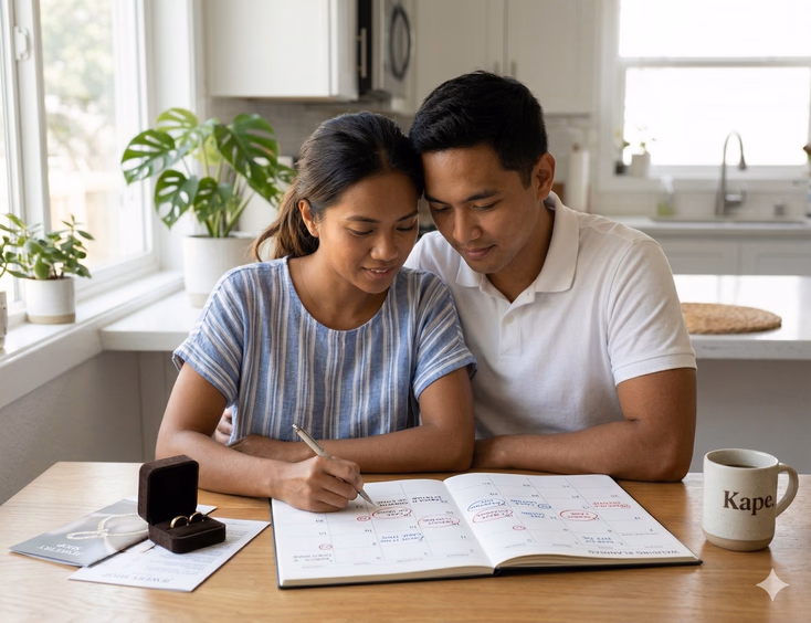A young Filipino couple in their late 20s leans together over a large handwritten wedding planning calendar spread open on a light wood dining table in a bright modern Filipino home. The woman holds a pen mid-write while the man has his arm around her shoulder leaning in. Around the calendar, a small open ring box holding two plain gold wedding bands, a printed jewelry shop brochure, and a half-drunk cup of coffee sit together in warm natural morning light.