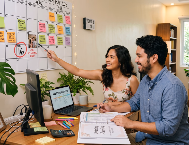 A young Filipino couple plans their wedding timeline at a bright modern desk with a wall calendar and sticky note milestones.