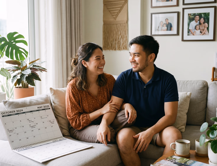 An engaged Filipino couple has a relaxed conversation about their future on a living room sofa, looking at a calendar months ahead.