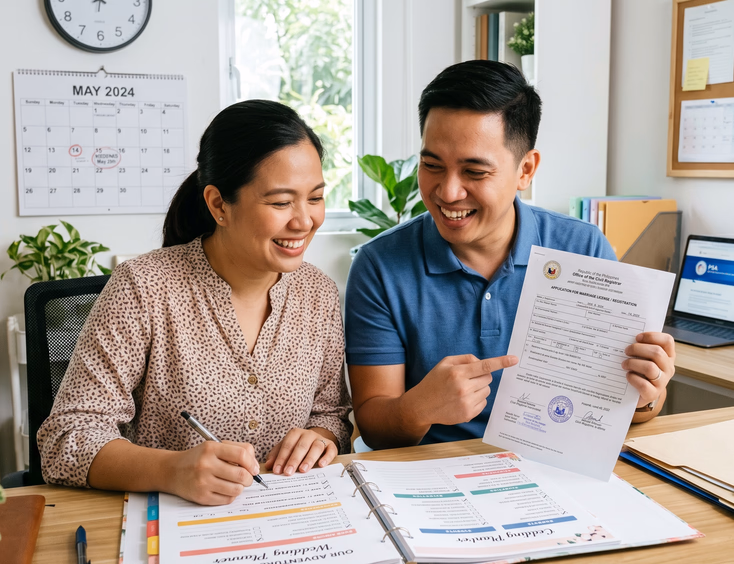 An organized Filipino couple adds a registration step to their wedding checklist while holding a notarized legal document.