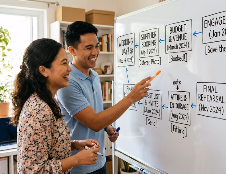 A Filipino couple maps a backward timeline for their wedding steps on a whiteboard, using arrows to connect milestones.
