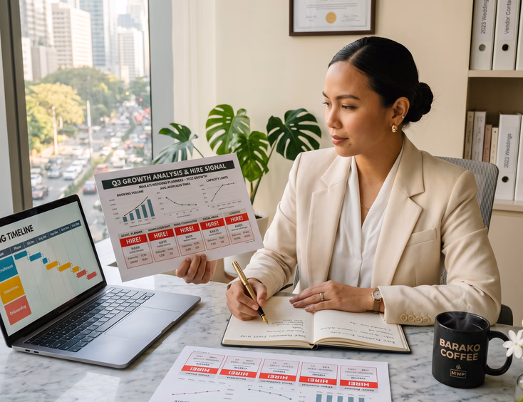 Filipino wedding planner evaluating business growth signals and a hiring plan at her Makati office desk.