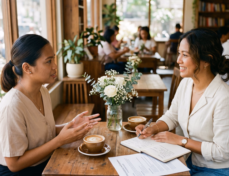Filipino wedding photographer conducting a culture fit interview with a candidate at a Quezon City café.