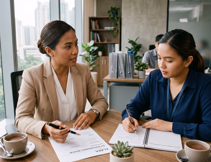 Filipino wedding coordinator conducting a structured performance review with a team member in her Makati office.