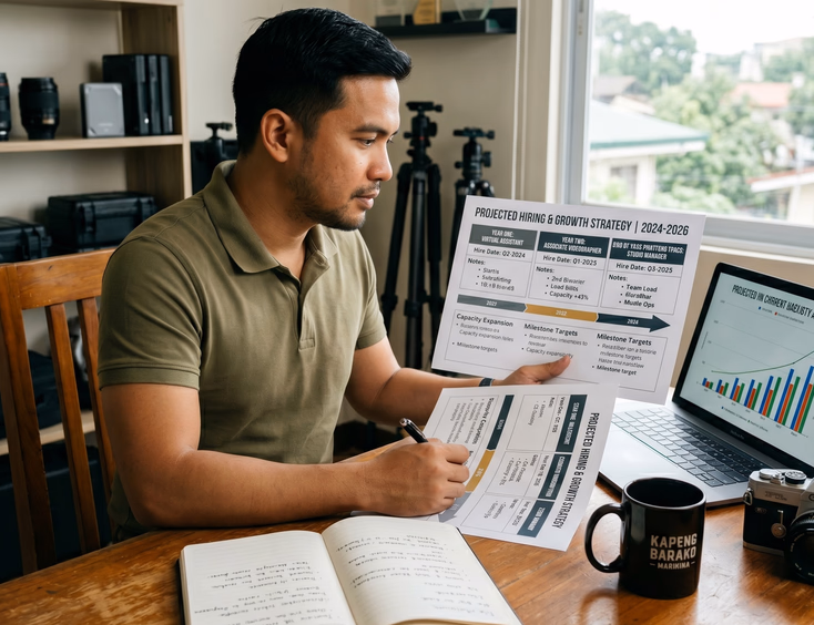 Filipino wedding videographer mapping out a strategic two-year hiring sequence timeline in his Marikina studio.