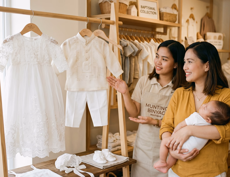 Filipino mother and baby browse baptism gowns and embroidered barong tagalog sets on wooden hangers inside a warm, boutique retail shop.