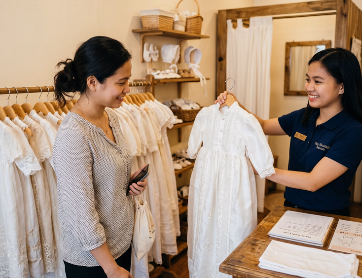 A Filipino mother looks at rental christening gowns held by a shop attendant inside a boutique rental shop for infant baptism clothes.
