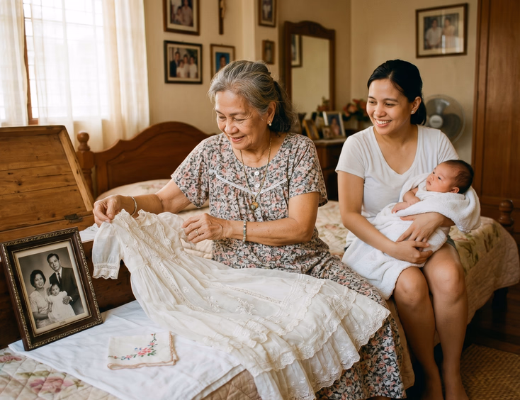 A Filipino grandmother unfolds a vintage family heirloom christening gown for her daughter and baby grandchild in a warm bedroom setting.