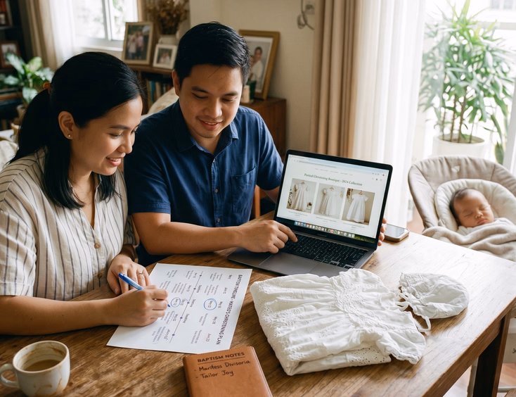 A young Filipino couple reviews a baptism outfit sourcing timeline on a laptop and calendar at home with their sleeping infant baby nearby.