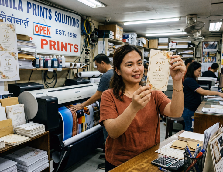 A Filipino woman in her late 20s stands at a commercial print shop counter holding a freshly printed wedding invitation card up to the light, with stacks of printed sheets and a large format printer visible in the background under fluorescent overhead lighting.