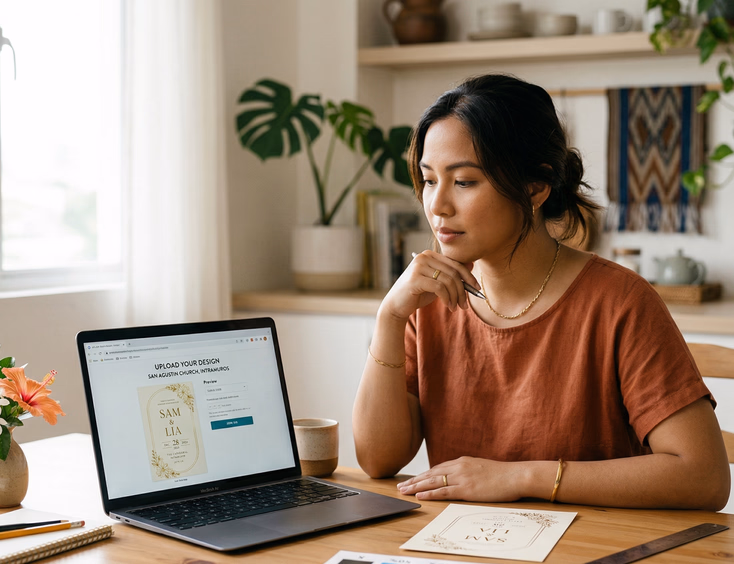 A Filipino woman in her late 20s sits at a kitchen table with a laptop open to a wedding invitation upload page, a printed proof copy beside the laptop, and a CMYK color swatch card and ruler nearby in soft natural window light.