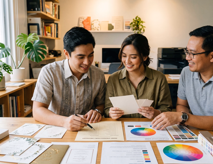A Filipino couple in their late 20s sits across a table from a printer consultant, the man pointing to a checklist on a printed sheet while the woman holds a paper sample, with invitation proofs and file specification sheets spread across the table between them in warm office lighting.