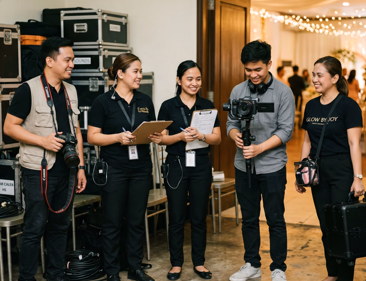 Filipino wedding crew and suppliers gathered behind-the-scenes at a Manila reception venue.