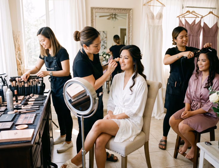 Filipino makeup artists and hairstylists preparing a bride and bridesmaids in a bright bridal suite.