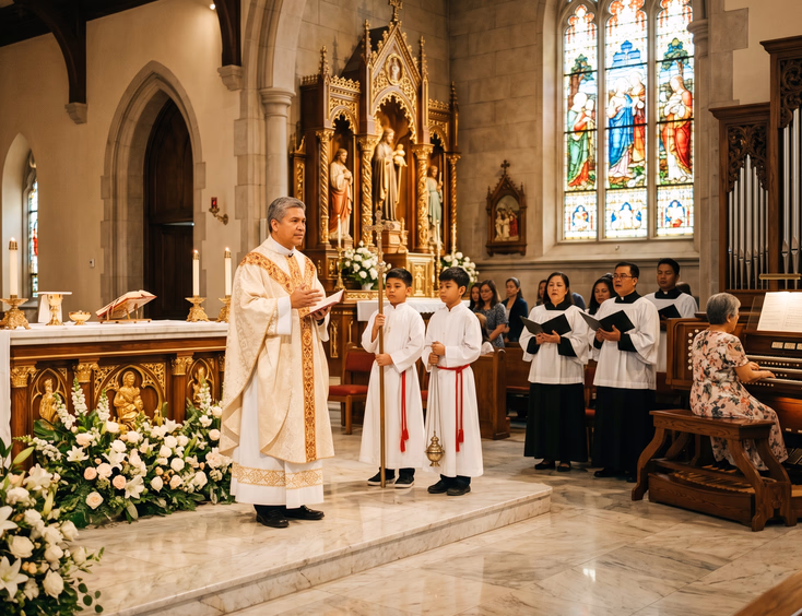 Filipino priest and ceremony crew standing near the altar inside a Catholic church.
