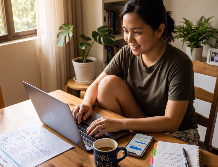 Filipino bride-to-be reviewing wedding supplier lists and guest head counts on a laptop at home.