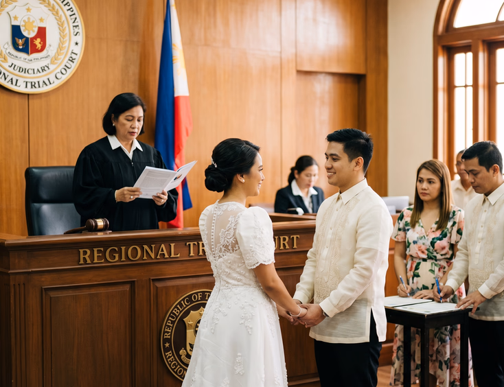 Regional Trial Court judge solemnizing a wedding for a Filipino couple inside a courtroom.