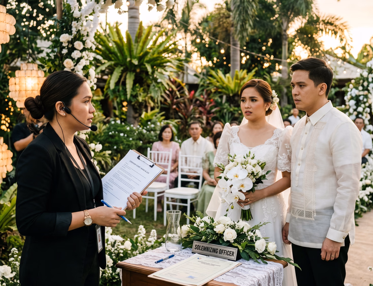 Filipino wedding coordinator talking to a confused bride and groom at a garden wedding venue.