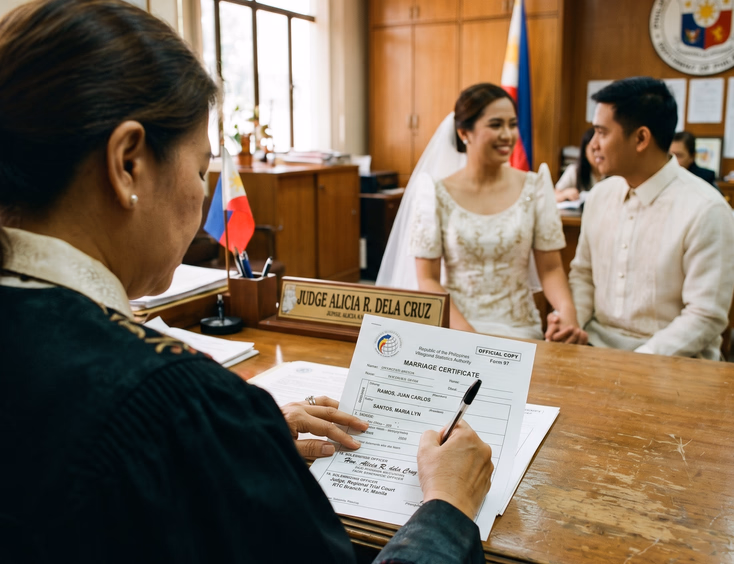 Close-up of a Filipino judge signing a PSA marriage certificate with a couple in the background.