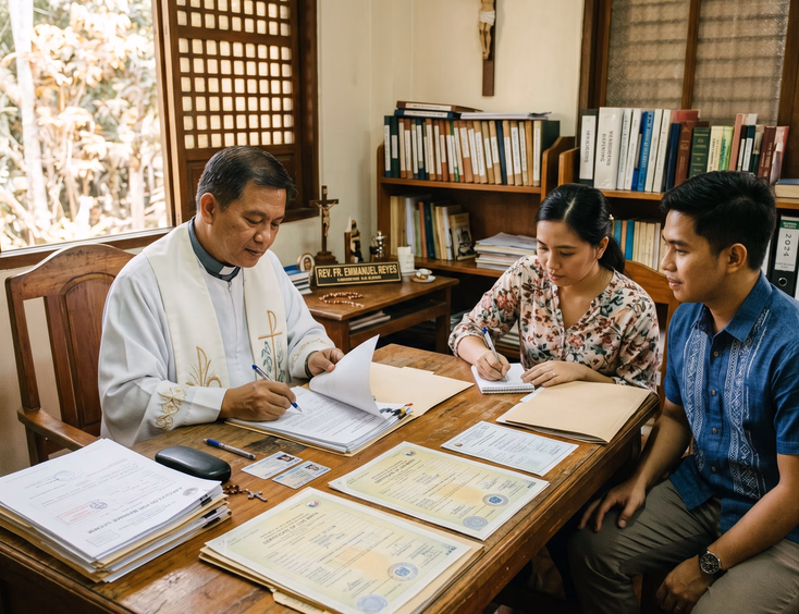 Filipino Catholic priest reviewing a marriage license and documents with a couple in a parish office.