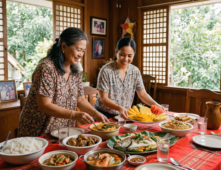 Filipino mother and adult daughter arranging traditional dishes including rice, steamed fish, and fruit platters on a red tablecloth dining table in a warm Filipino home with capiz windows and afternoon light