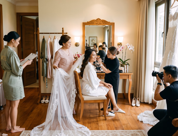 Wide shot of a Filipino bride getting makeup done in a bridal suite alongside her mother and maid of honor.