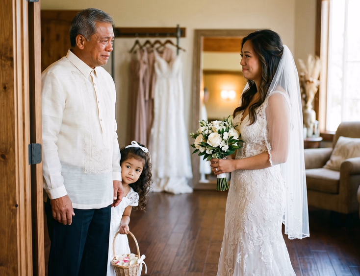 Emotional Filipino father in a barong tagalog seeing his daughter in her wedding gown for the first time at a suite doorway.