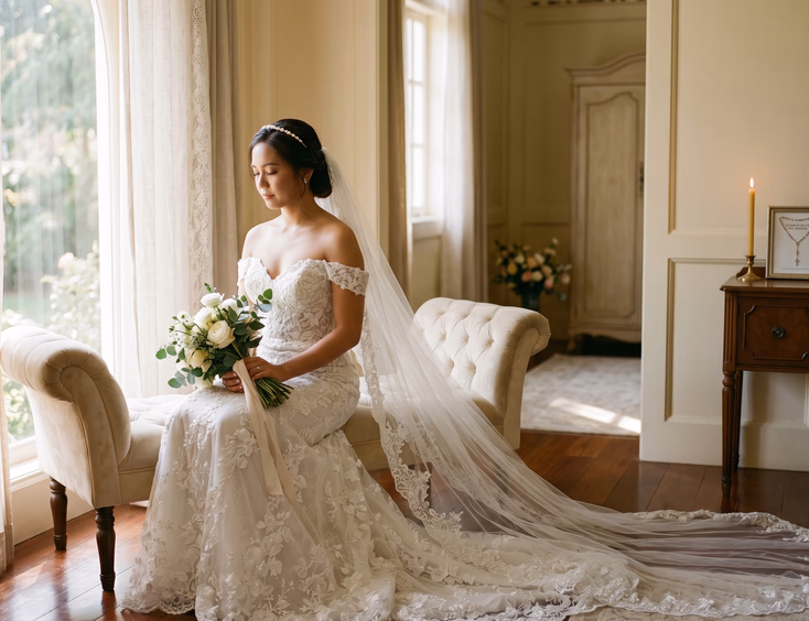 Filipino bride in a wedding gown and cathedral veil sitting alone during a quiet moment in a sunlit suite.