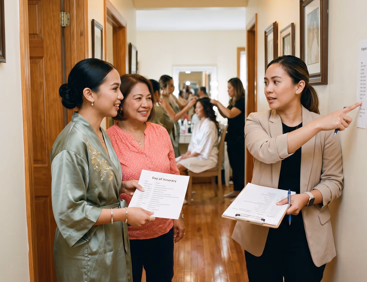 Filipino maid of honor and wedding planner coordinating the schedule inside a bridal preparation suite.