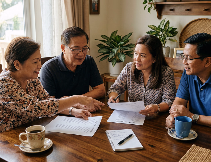 Two sets of Filipino parents reviewing printed tinghun guest lists together at dining table with coffee in warmly lit Filipino home