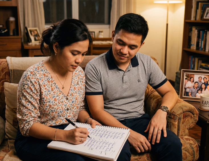 Filipino couple reviewing and editing handwritten guest list together on sofa in Filipino home