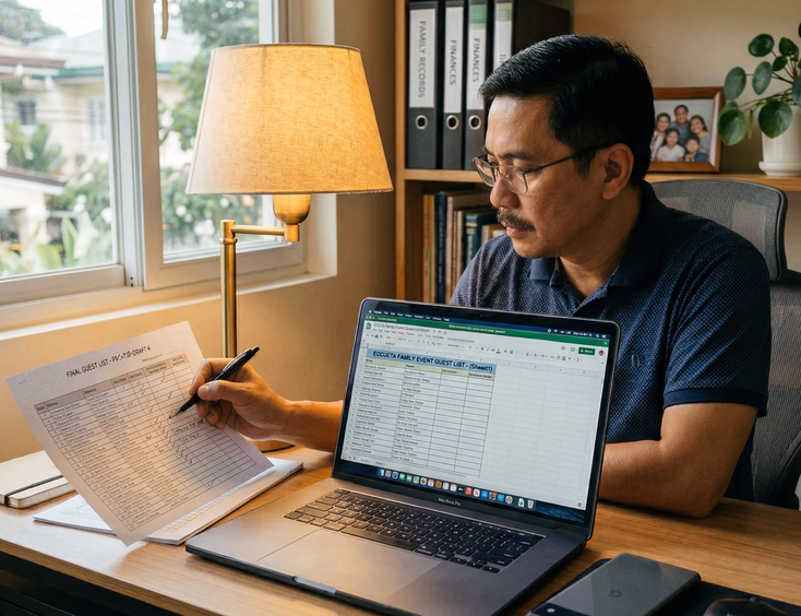 Filipino man reviewing tinghun guest list on laptop and printed document at home office desk