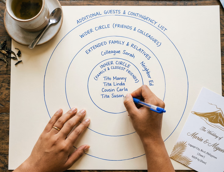 A close-up flat lay of a hand-drawn concentric circle guest list on a wooden table, with a Filipino woman's morena hands writing names in the inner rings, a cup of tea, and a printed wedding invitation nearby in warm natural light.