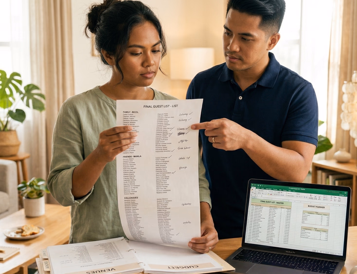 A Filipino couple in their early 30s stand in a bright living room looking stressed but composed, the woman holding a long printed guest list while the man gestures toward it, with wedding folders and a laptop open on the coffee table.