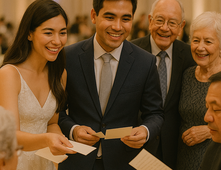 Young Filipino couple inviting guests to read short love notes during the reception