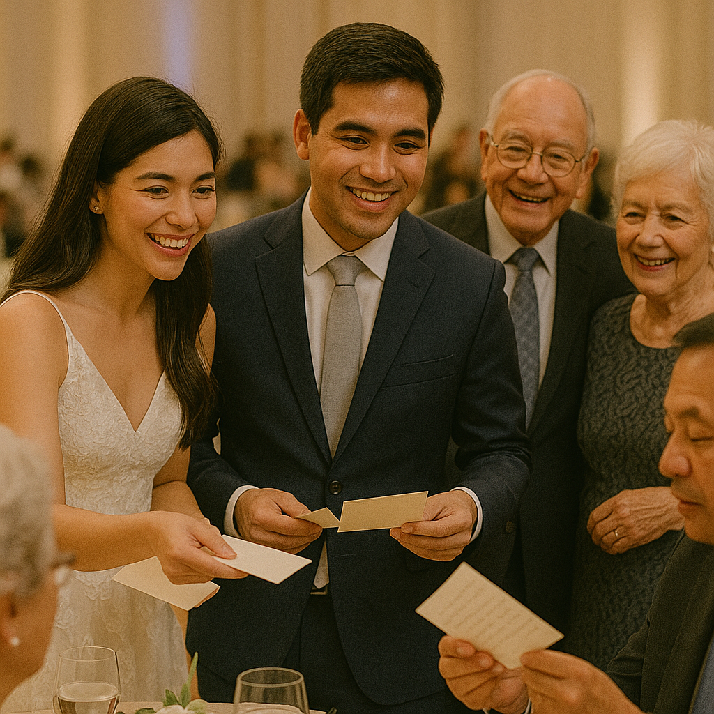 Young Filipino couple inviting guests to read short love notes during the reception