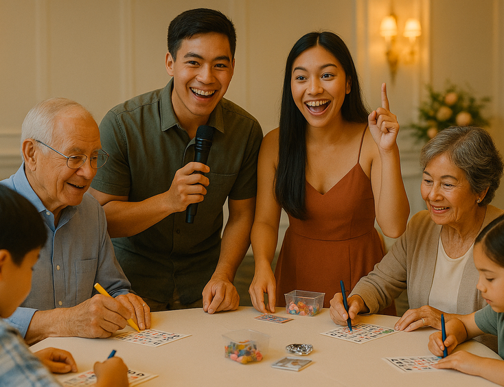 Guests of all ages seated and marking bingo cards while the couple hosts