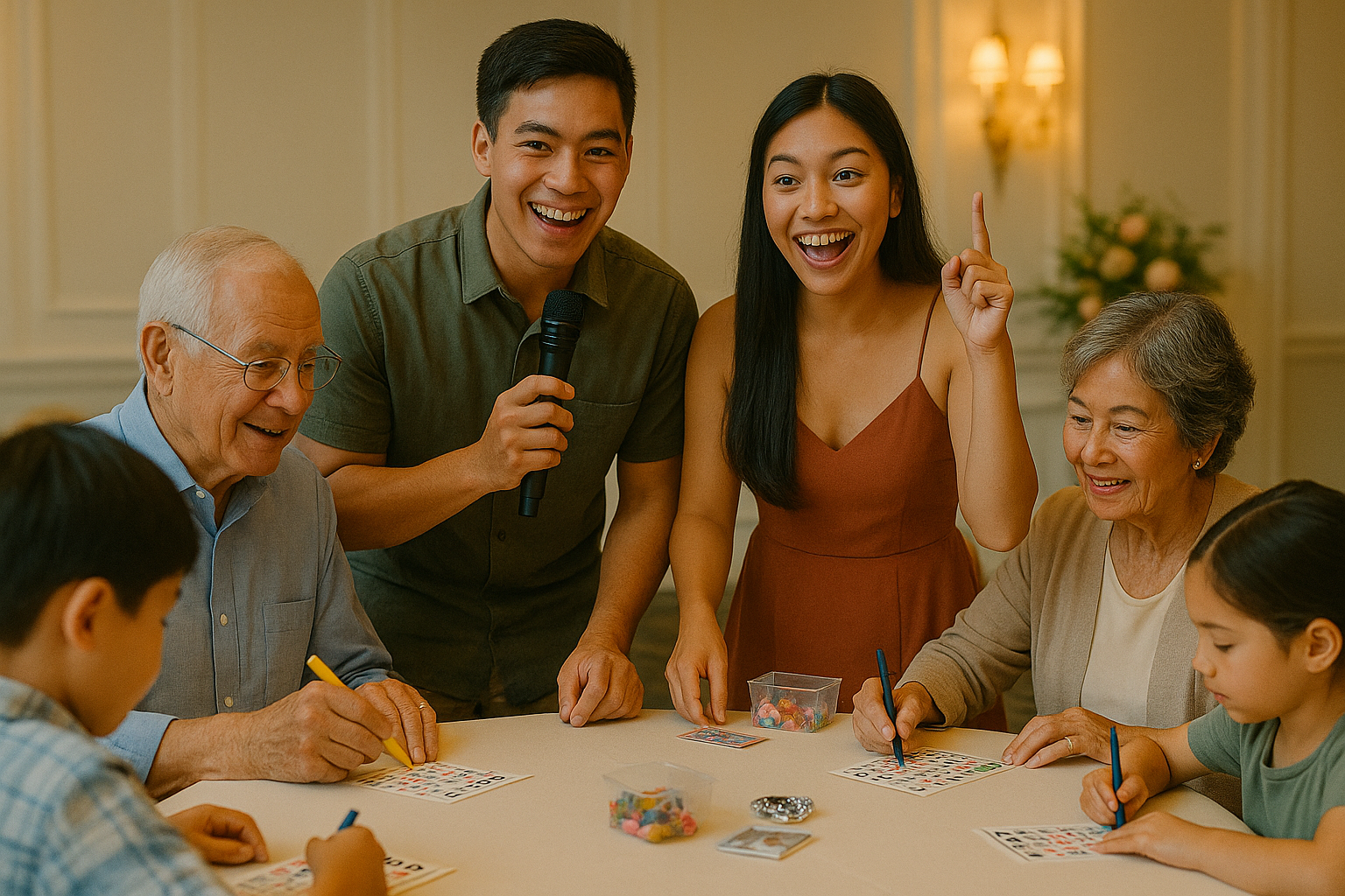 Guests of all ages seated and marking bingo cards while the couple hosts