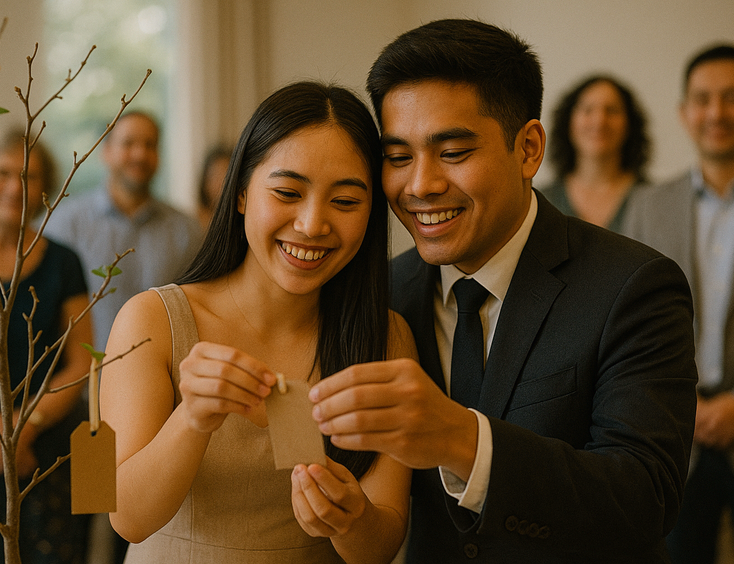 Young Filipino couple drawing a wish tag from a blessing tree as guests look on