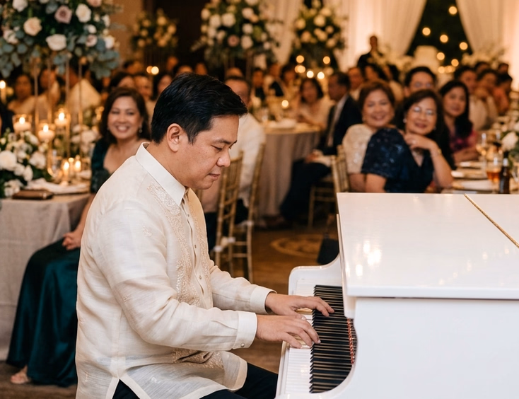 Filipino pianist in a cream barong tagalog playing a white grand piano at an elegant indoor wedding reception with floral centerpieces and seated guests
