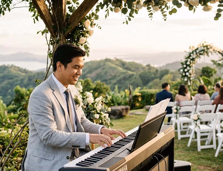 Filipino male pianist in a light gray suit performing on a digital keyboard under a wooden pergola at an outdoor Tagaytay garden wedding during golden hour