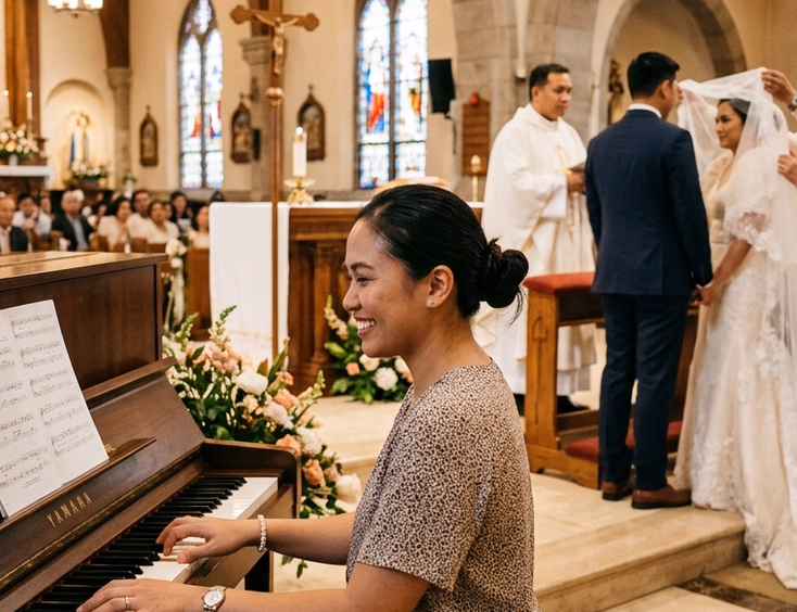 Filipino female pianist playing upright piano inside a church while a Filipino couple performs the veil ceremony at the altar with stained glass light